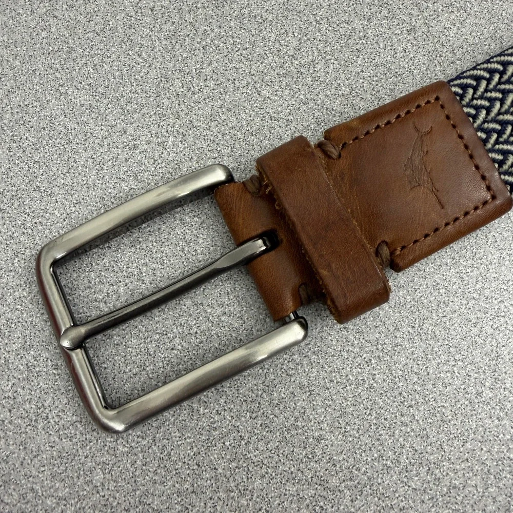 Tommy Bahama Belt Mens L/XL Blue Brown Woven Leather Trim Silver Buckle Elastic